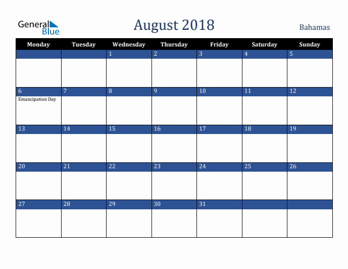 August 2018 Bahamas Calendar (Monday Start)