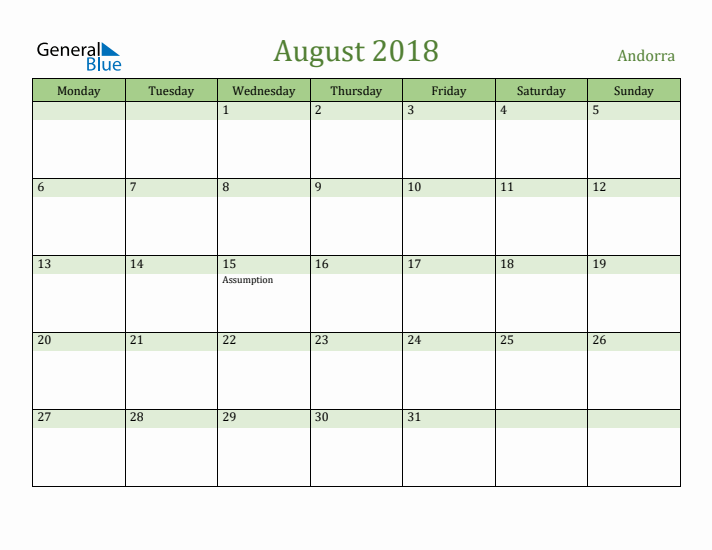 August 2018 Calendar with Andorra Holidays