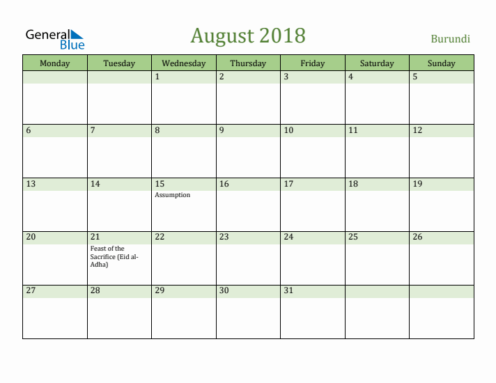 August 2018 Calendar with Burundi Holidays