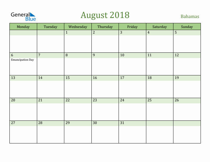 August 2018 Calendar with Bahamas Holidays