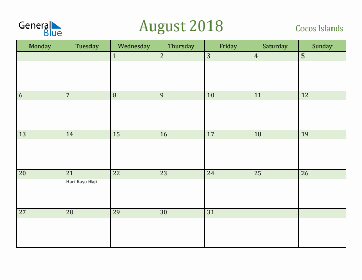 August 2018 Calendar with Cocos Islands Holidays