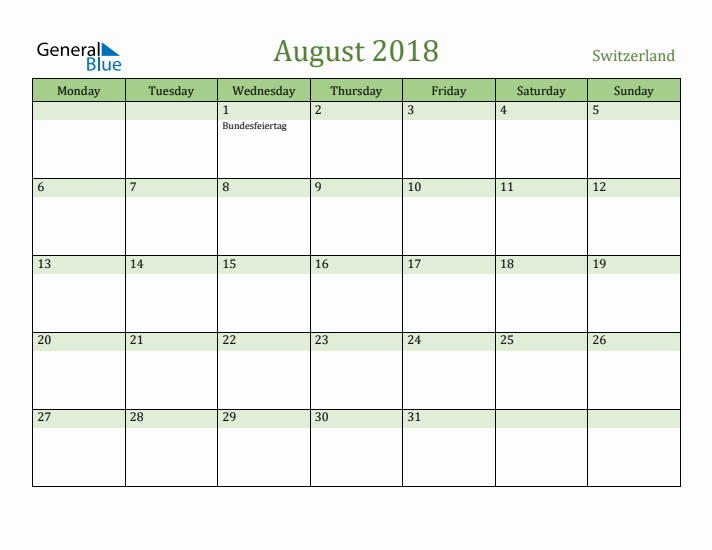 August 2018 Calendar with Switzerland Holidays