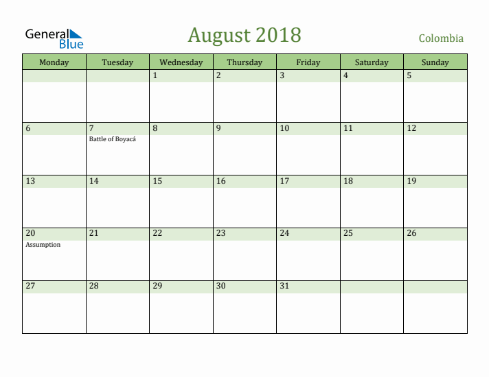 August 2018 Calendar with Colombia Holidays