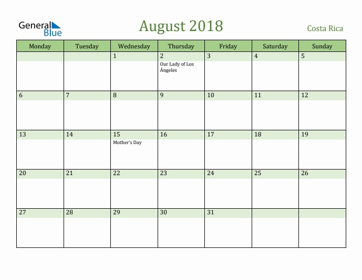 August 2018 Calendar with Costa Rica Holidays