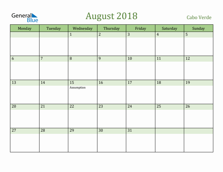 August 2018 Calendar with Cabo Verde Holidays