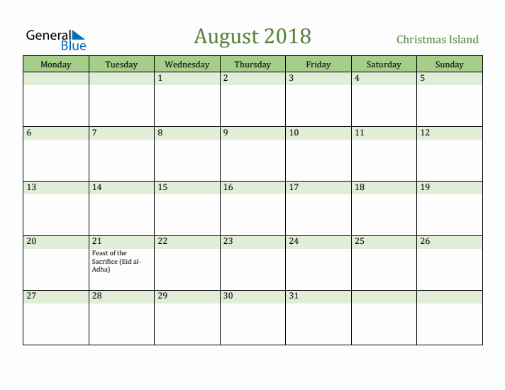 August 2018 Calendar with Christmas Island Holidays