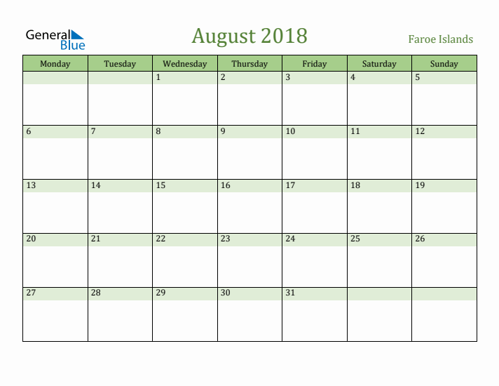 August 2018 Calendar with Faroe Islands Holidays