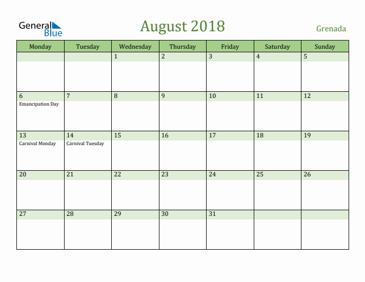 August 2018 Calendar with Grenada Holidays