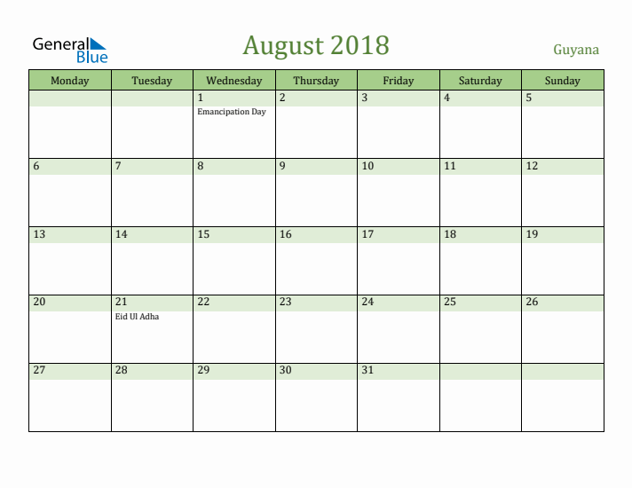 August 2018 Calendar with Guyana Holidays