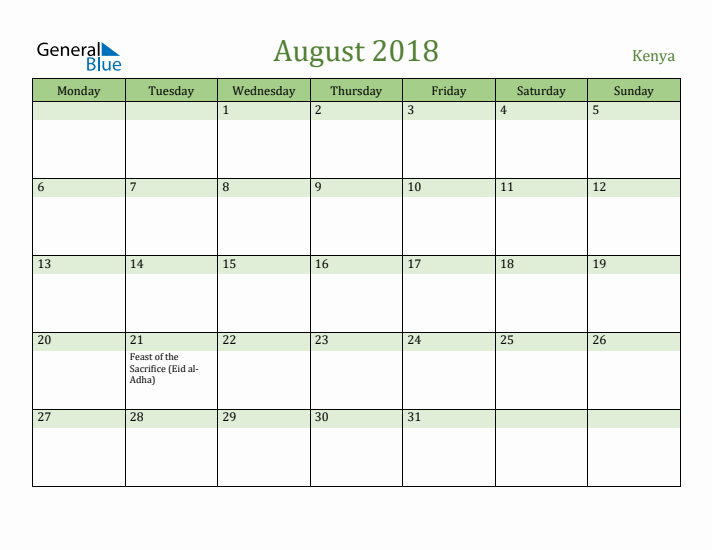 August 2018 Calendar with Kenya Holidays