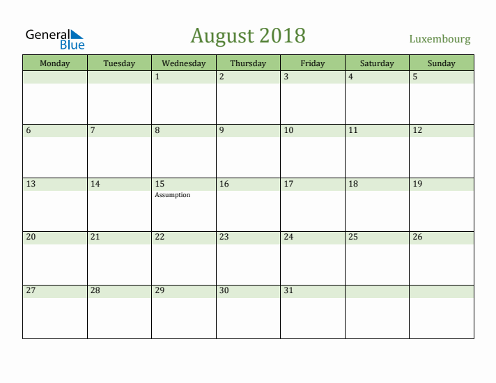 August 2018 Calendar with Luxembourg Holidays