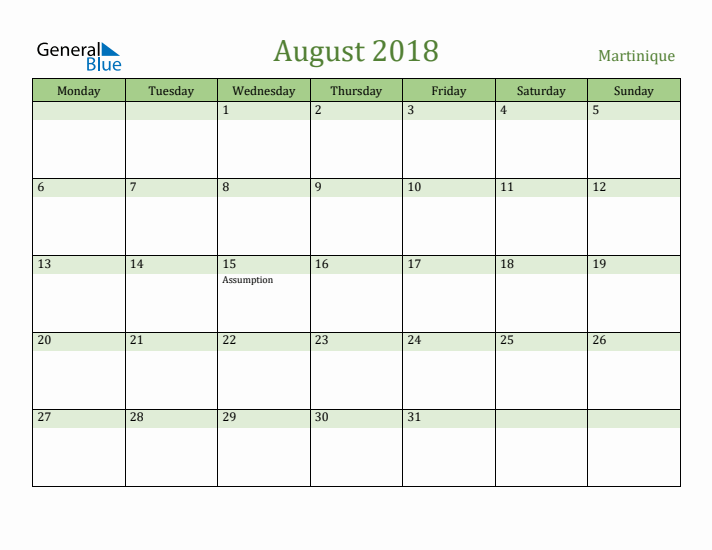 August 2018 Calendar with Martinique Holidays