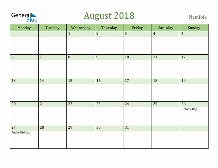 August 2018 Calendar with Namibia Holidays