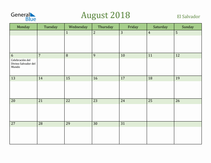 August 2018 Calendar with El Salvador Holidays