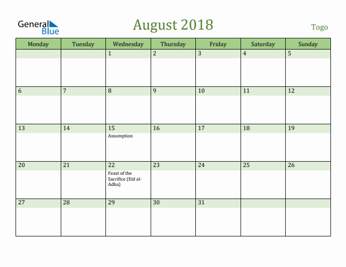 August 2018 Calendar with Togo Holidays