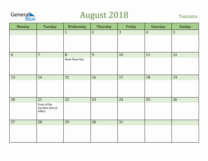 August 2018 Calendar with Tanzania Holidays