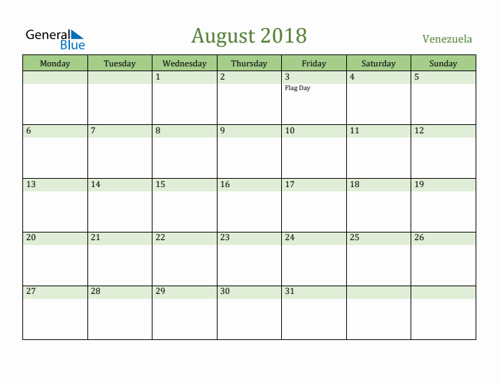 August 2018 Calendar with Venezuela Holidays