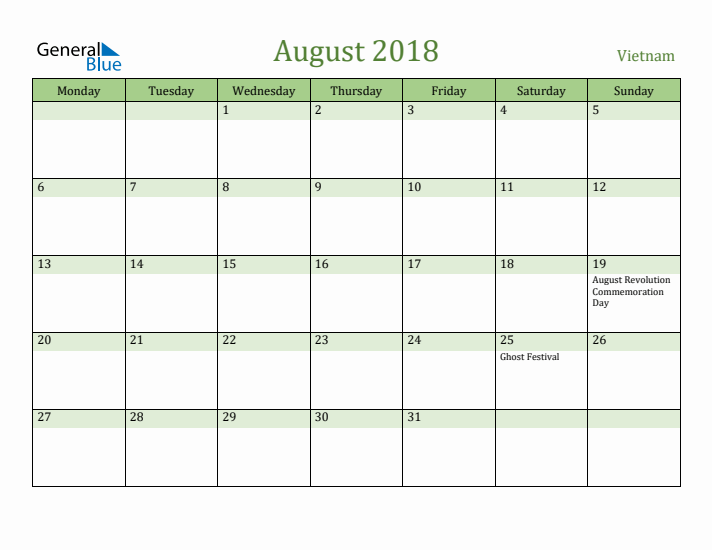 August 2018 Calendar with Vietnam Holidays