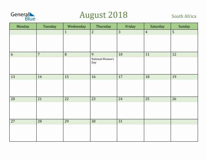 August 2018 Calendar with South Africa Holidays