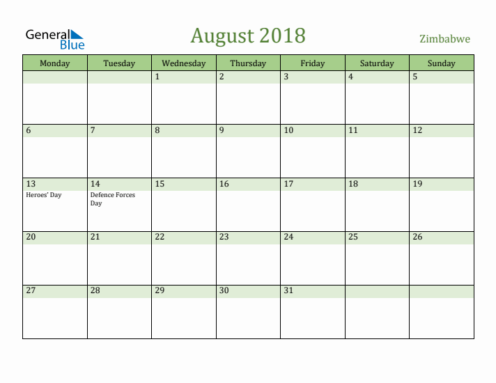 August 2018 Calendar with Zimbabwe Holidays