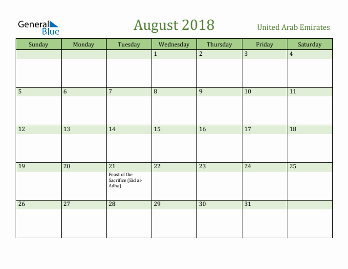 August 2018 Calendar with United Arab Emirates Holidays