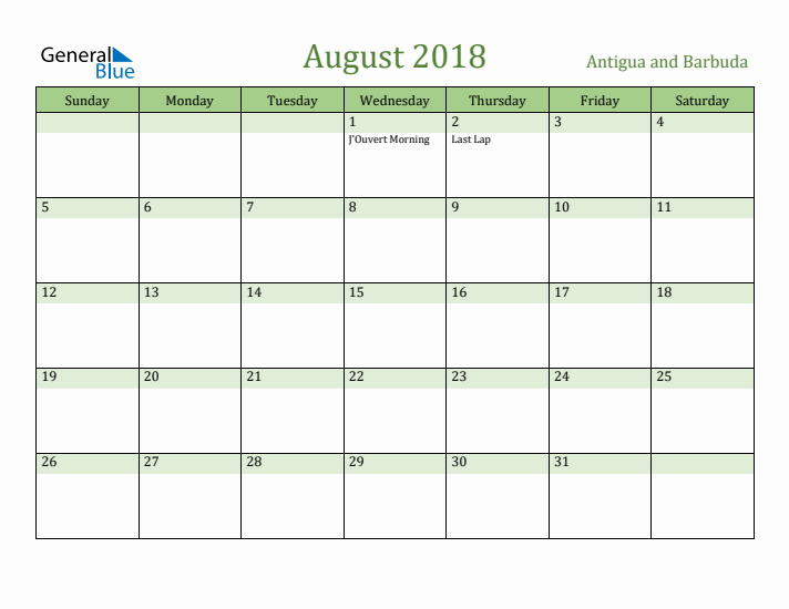 August 2018 Calendar with Antigua and Barbuda Holidays