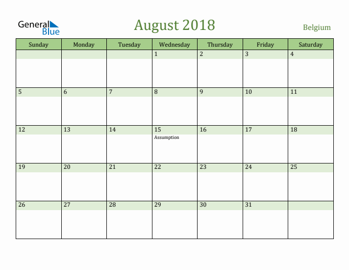 August 2018 Calendar with Belgium Holidays