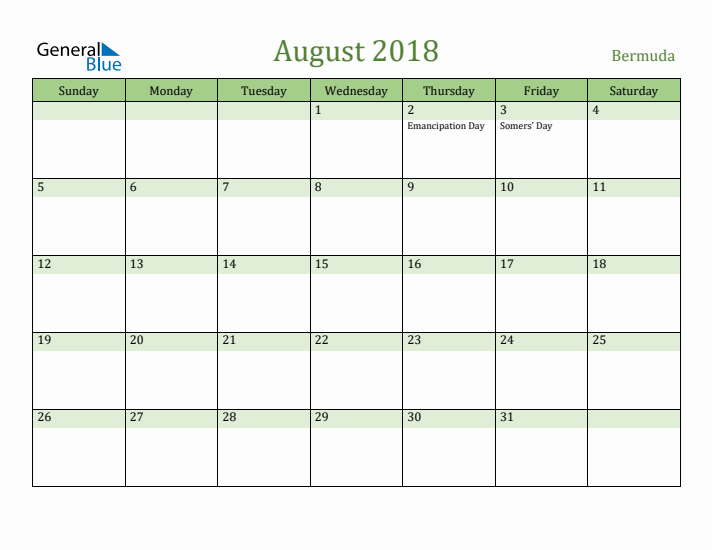 August 2018 Calendar with Bermuda Holidays