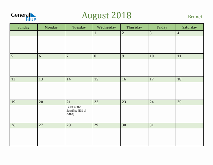 August 2018 Calendar with Brunei Holidays