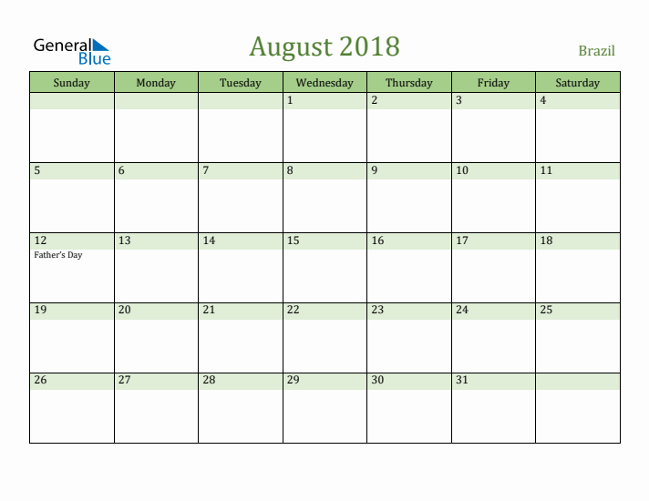 August 2018 Calendar with Brazil Holidays