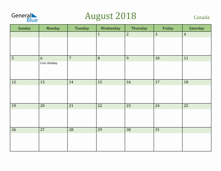 August 2018 Calendar with Canada Holidays