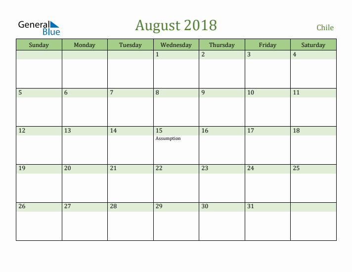 August 2018 Calendar with Chile Holidays