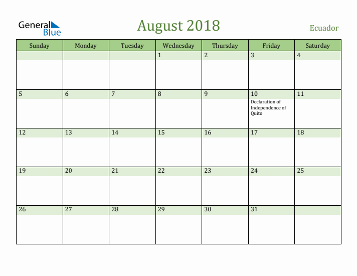 August 2018 Calendar with Ecuador Holidays