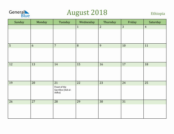 August 2018 Calendar with Ethiopia Holidays