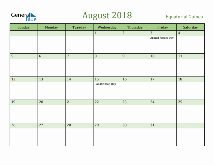 August 2018 Calendar with Equatorial Guinea Holidays