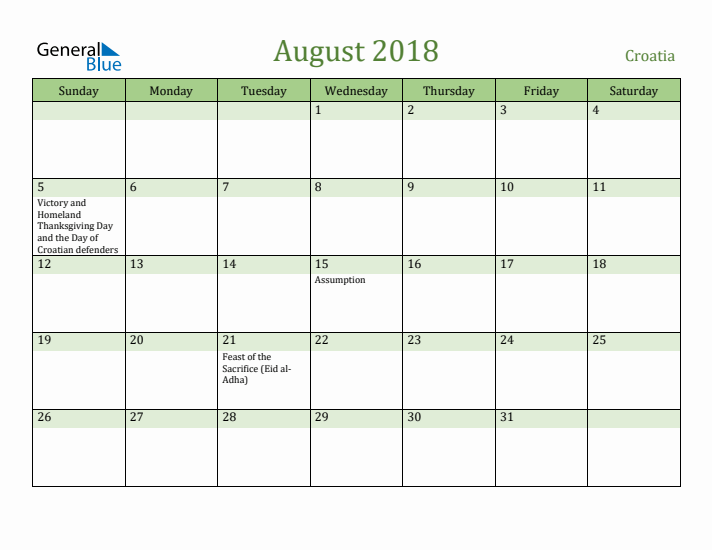 August 2018 Calendar with Croatia Holidays