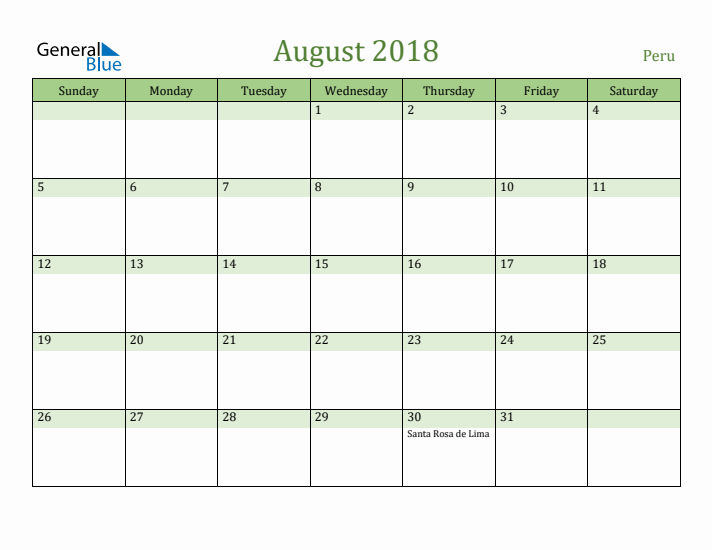 August 2018 Calendar with Peru Holidays