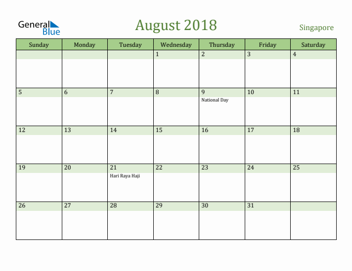 August 2018 Calendar with Singapore Holidays