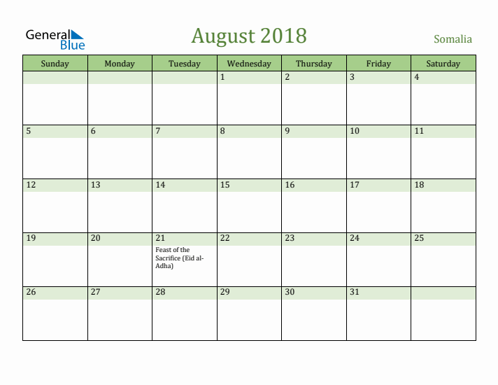 August 2018 Calendar with Somalia Holidays