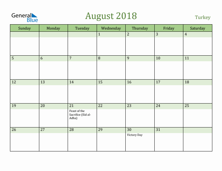 August 2018 Calendar with Turkey Holidays