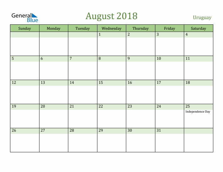 August 2018 Calendar with Uruguay Holidays