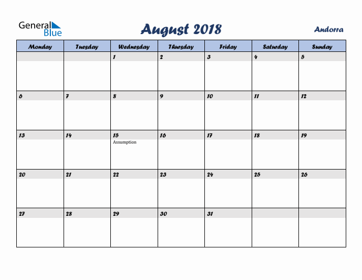 August 2018 Calendar with Holidays in Andorra