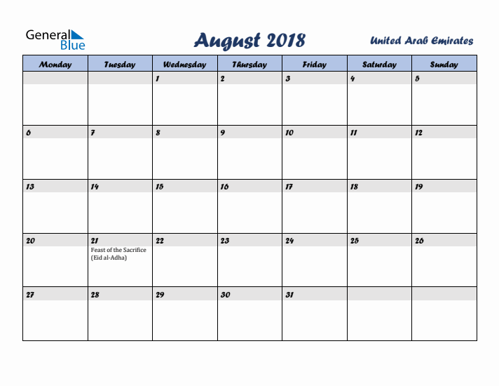 August 2018 Calendar with Holidays in United Arab Emirates