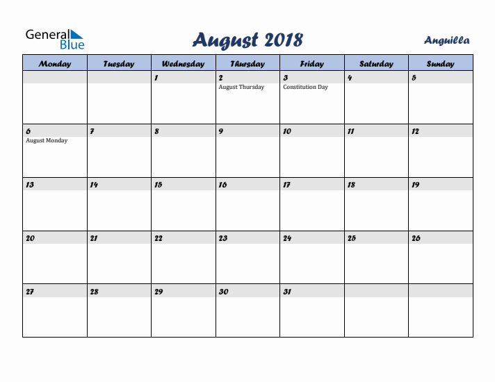 August 2018 Calendar with Holidays in Anguilla