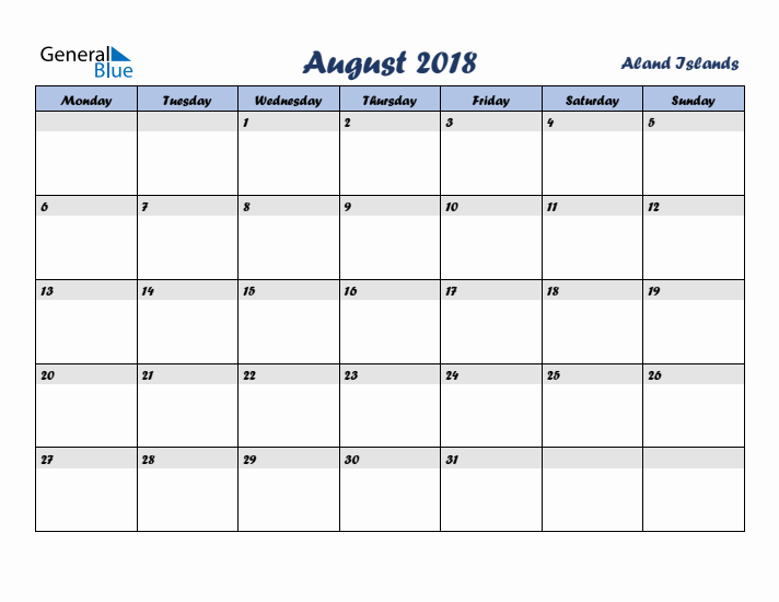 August 2018 Calendar with Holidays in Aland Islands