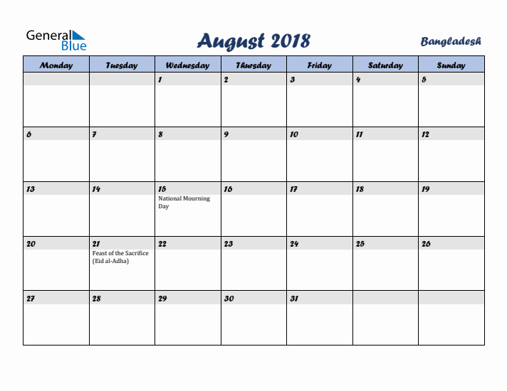 August 2018 Calendar with Holidays in Bangladesh