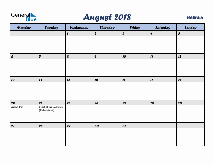 August 2018 Calendar with Holidays in Bahrain