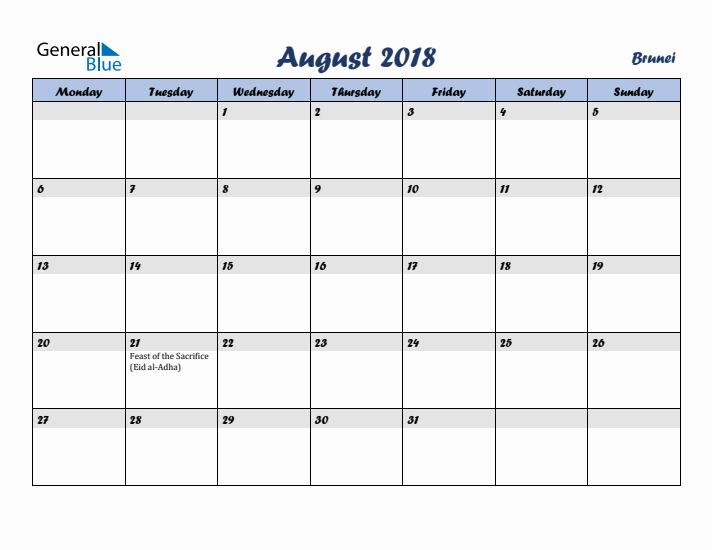 August 2018 Calendar with Holidays in Brunei