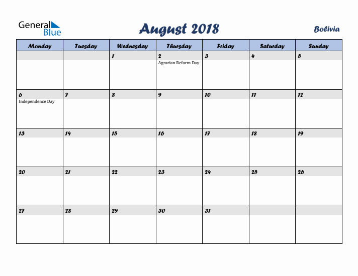 August 2018 Calendar with Holidays in Bolivia