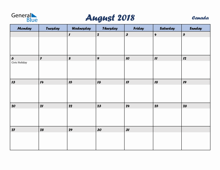 August 2018 Calendar with Holidays in Canada